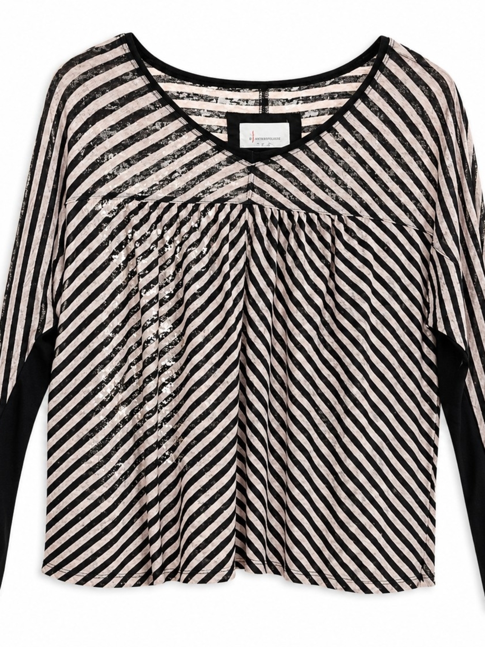 Anthropologie Black and Beige Distressed Sheer V-Neck Top Y2k Small